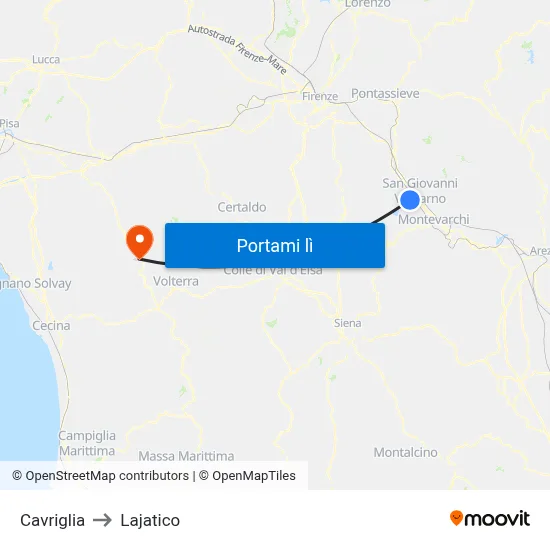Cavriglia to Lajatico map
