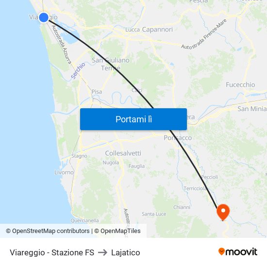 Viareggio Stazione FS to Lajatico map