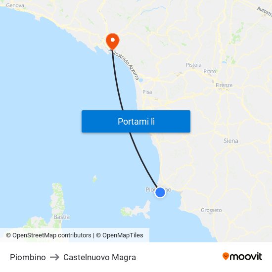 Piombino to Castelnuovo Magra map