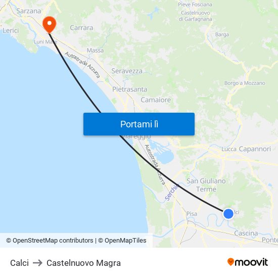 Calci to Castelnuovo Magra map