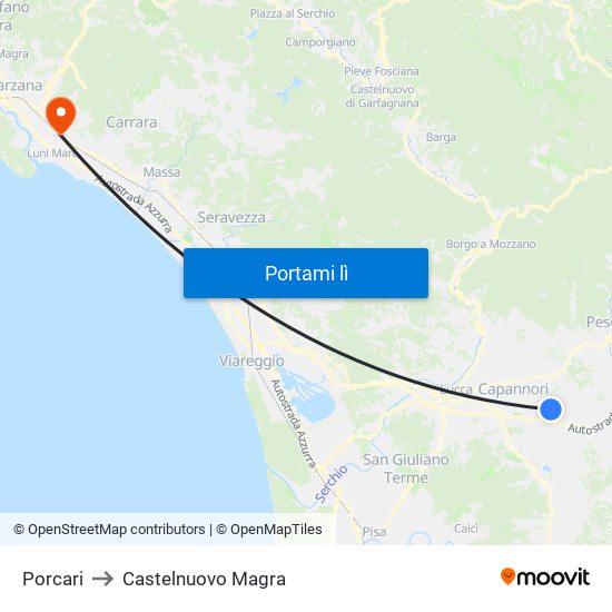 Porcari to Castelnuovo Magra map