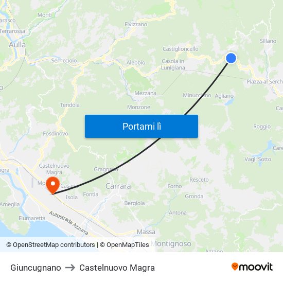 Giuncugnano to Castelnuovo Magra map