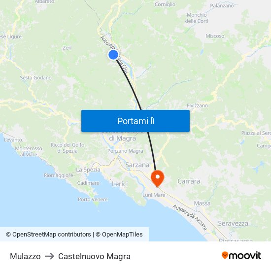 Mulazzo to Castelnuovo Magra map
