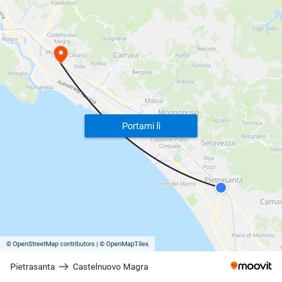 Pietrasanta to Castelnuovo Magra map