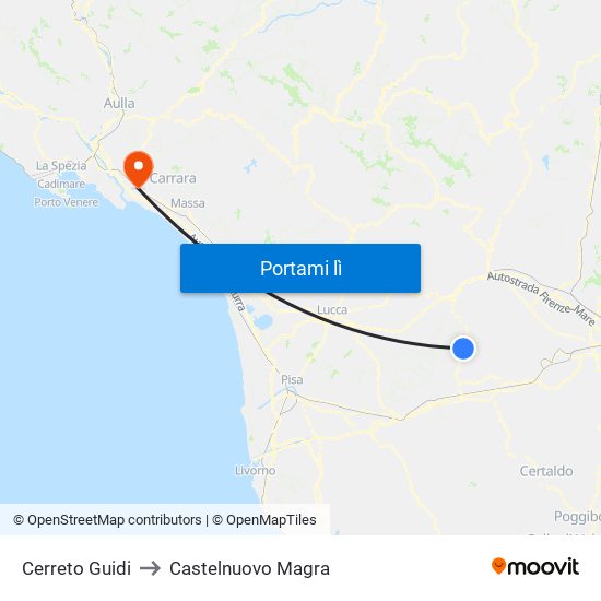 Cerreto Guidi to Castelnuovo Magra map