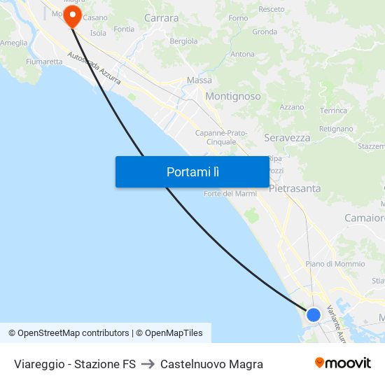 Viareggio Stazione FS to Castelnuovo Magra map