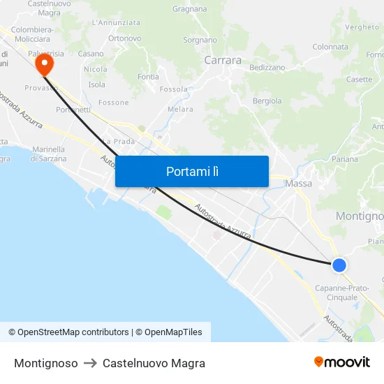 Montignoso to Castelnuovo Magra map