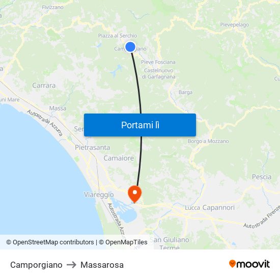 Camporgiano to Massarosa map