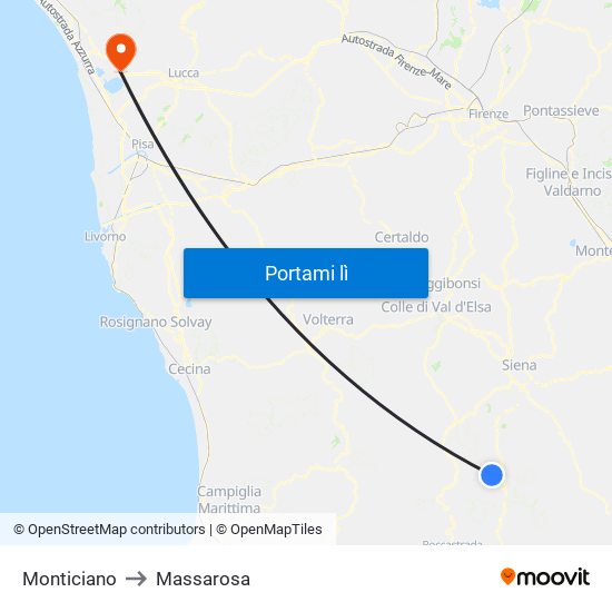 Monticiano to Massarosa map