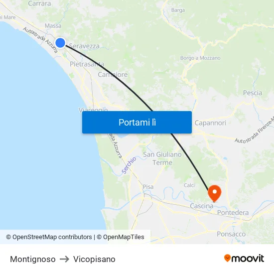 Montignoso to Vicopisano map