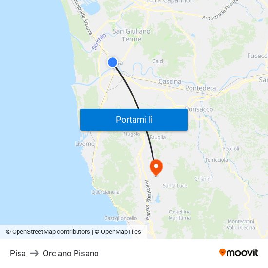 Pisa to Orciano Pisano map