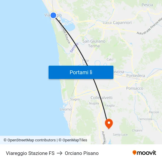 Viareggio Stazione FS to Orciano Pisano map