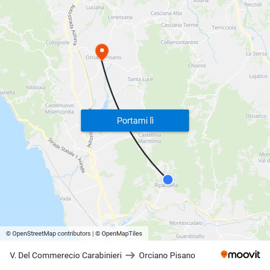 V. Del Commerecio Carabinieri to Orciano Pisano map