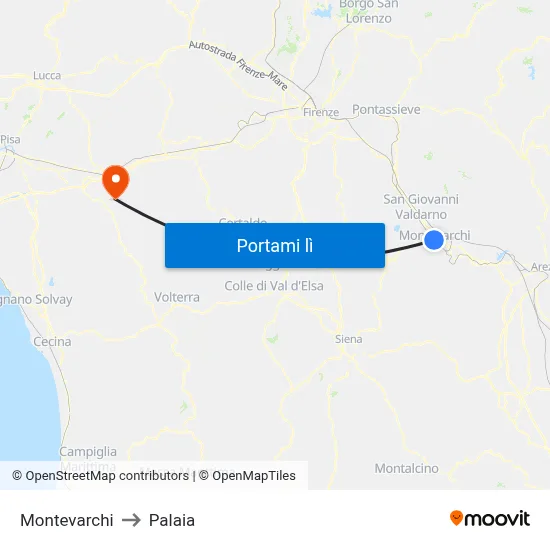 Montevarchi to Palaia map