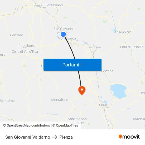 San Giovanni Valdarno to Pienza map