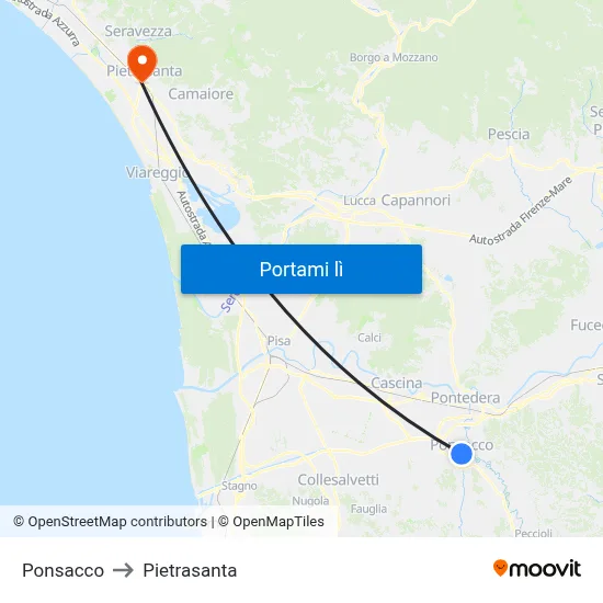 Ponsacco to Pietrasanta map