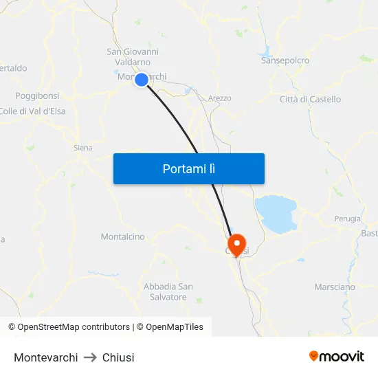 Montevarchi to Chiusi map