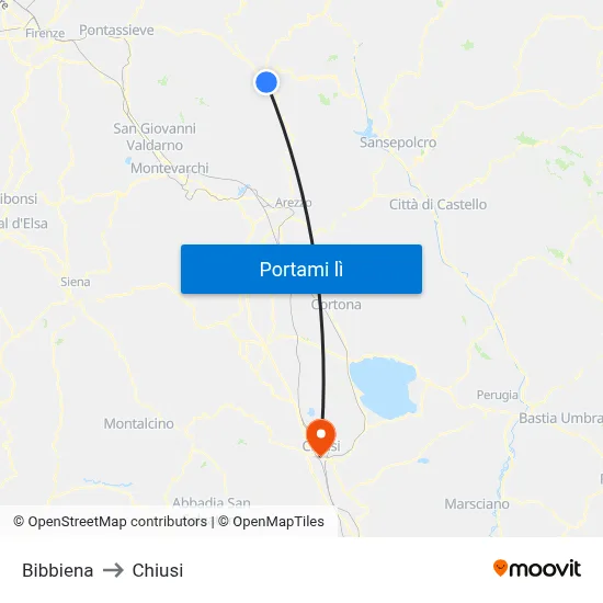 Bibbiena to Chiusi map