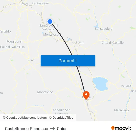 Castelfranco Piandiscò to Chiusi map