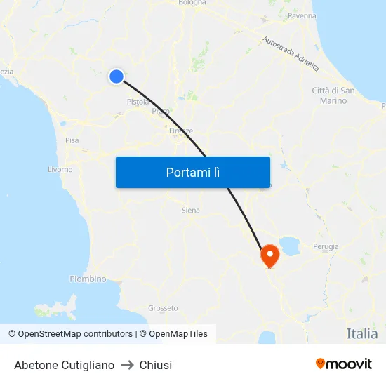 Abetone Cutigliano to Chiusi map