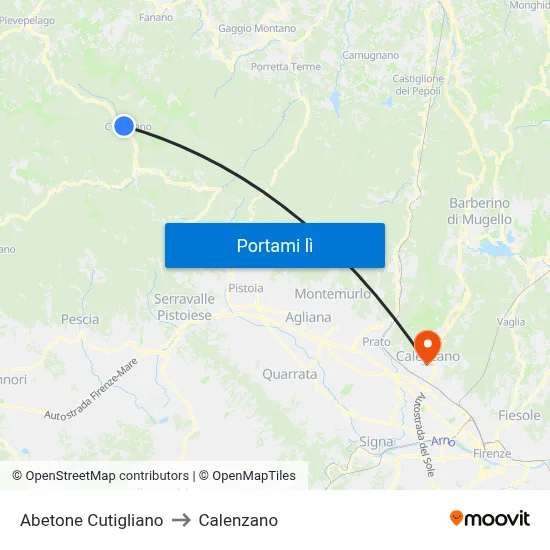 Abetone Cutigliano to Calenzano map