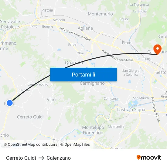 Cerreto Guidi to Calenzano map