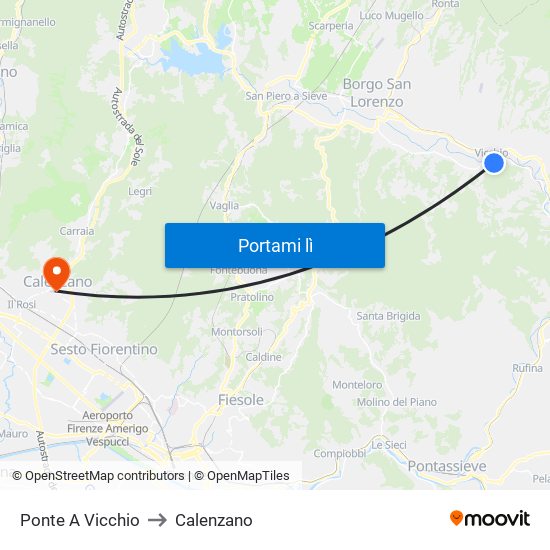 Ponte A Vicchio to Calenzano map