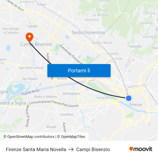 Firenze Santa Maria Novella to Campi Bisenzio map