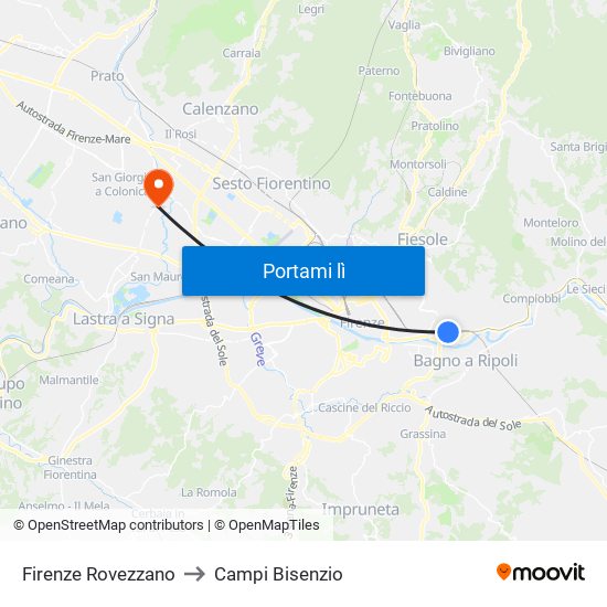 Firenze Rovezzano to Campi Bisenzio map