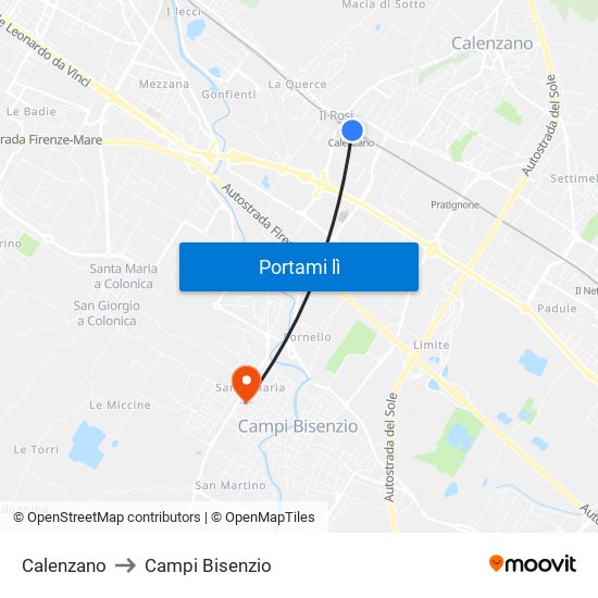 Calenzano to Campi Bisenzio map