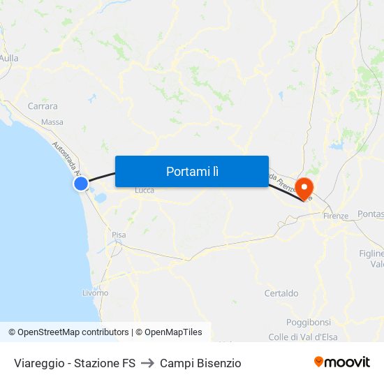 Viareggio Stazione FS to Campi Bisenzio map