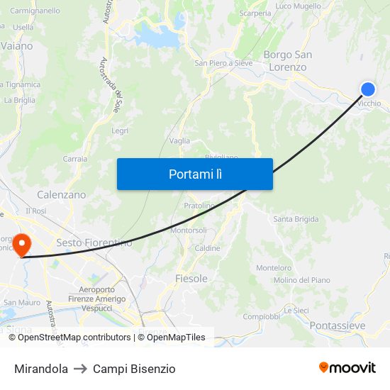 Mirandola to Campi Bisenzio map