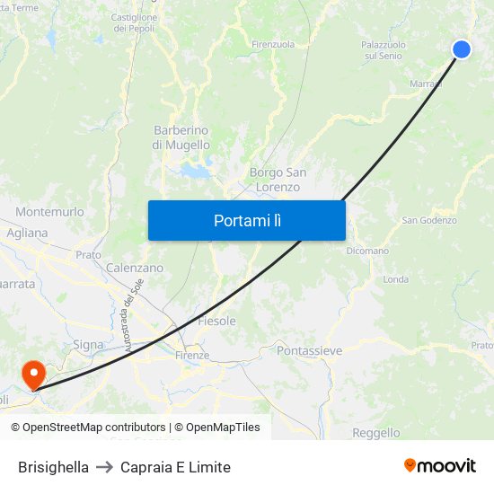 Brisighella to Capraia E Limite map