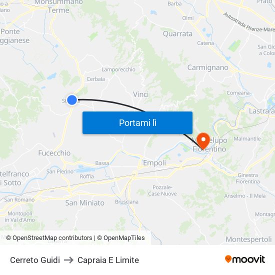 Cerreto Guidi to Capraia E Limite map