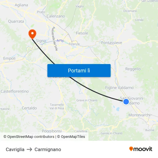 Cavriglia to Carmignano map