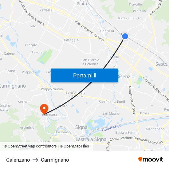 Calenzano to Carmignano map