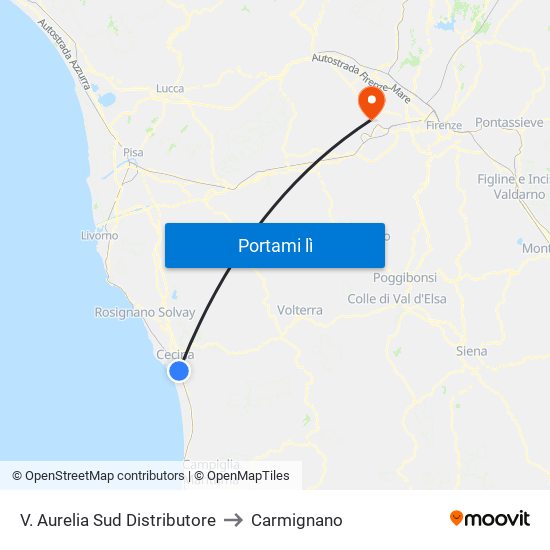 V. Aurelia Sud Distributore to Carmignano map