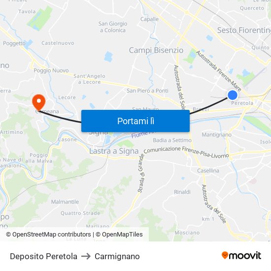 Deposito Peretola to Carmignano map