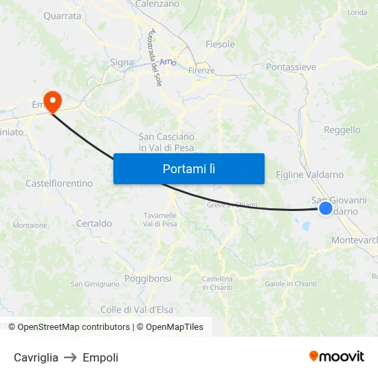 Cavriglia to Empoli map