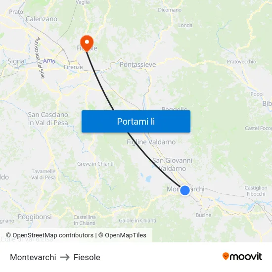 Montevarchi to Fiesole map