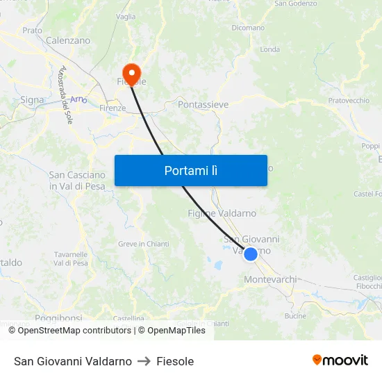 San Giovanni Valdarno to Fiesole map