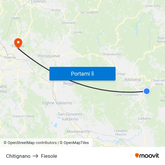 Chitignano to Fiesole map