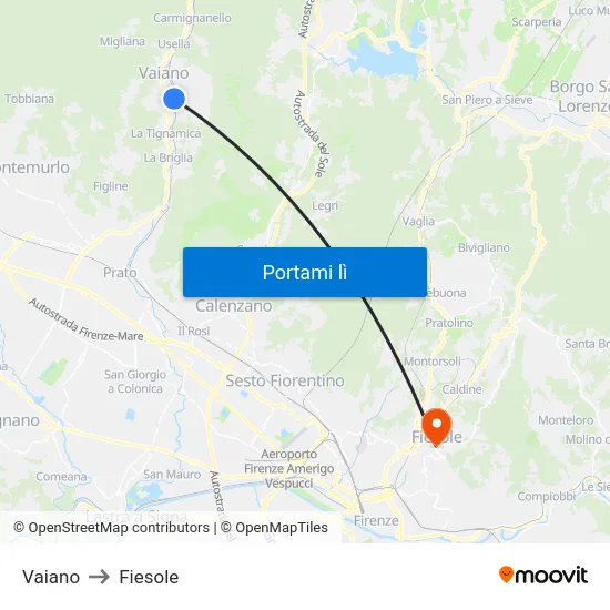 Vaiano to Fiesole map