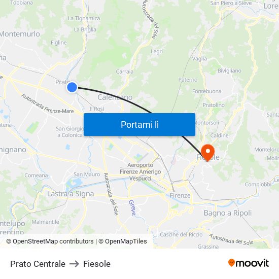 Prato Centrale to Fiesole map