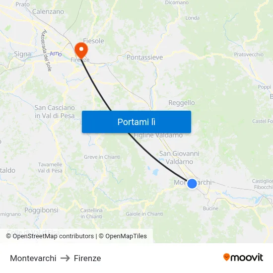 Montevarchi to Firenze map