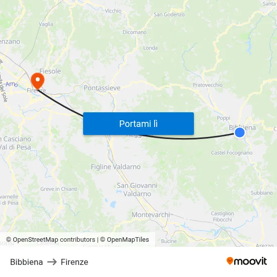 Bibbiena to Firenze map