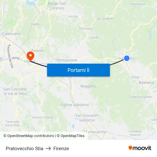 Pratovecchio Stia to Firenze map