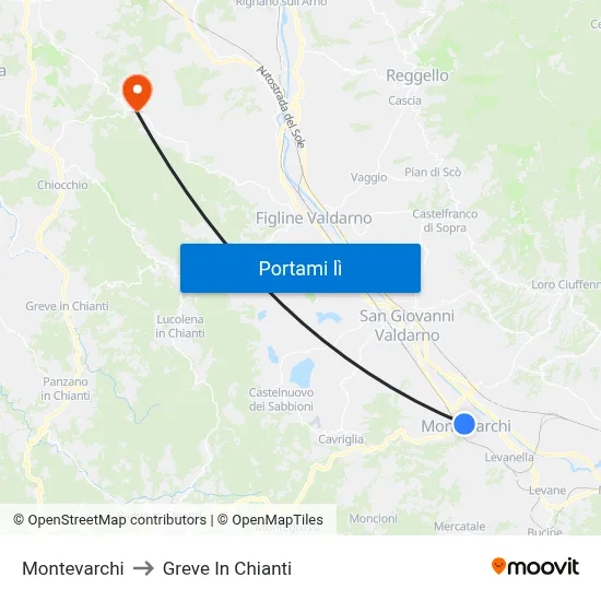 Montevarchi to Greve In Chianti map