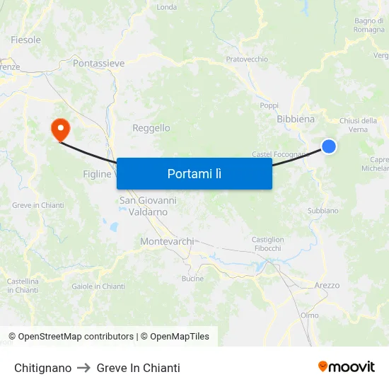 Chitignano to Greve In Chianti map