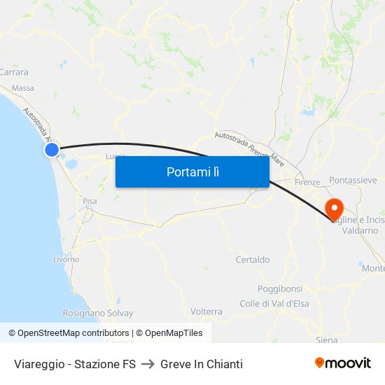 Viareggio Stazione FS to Greve In Chianti map